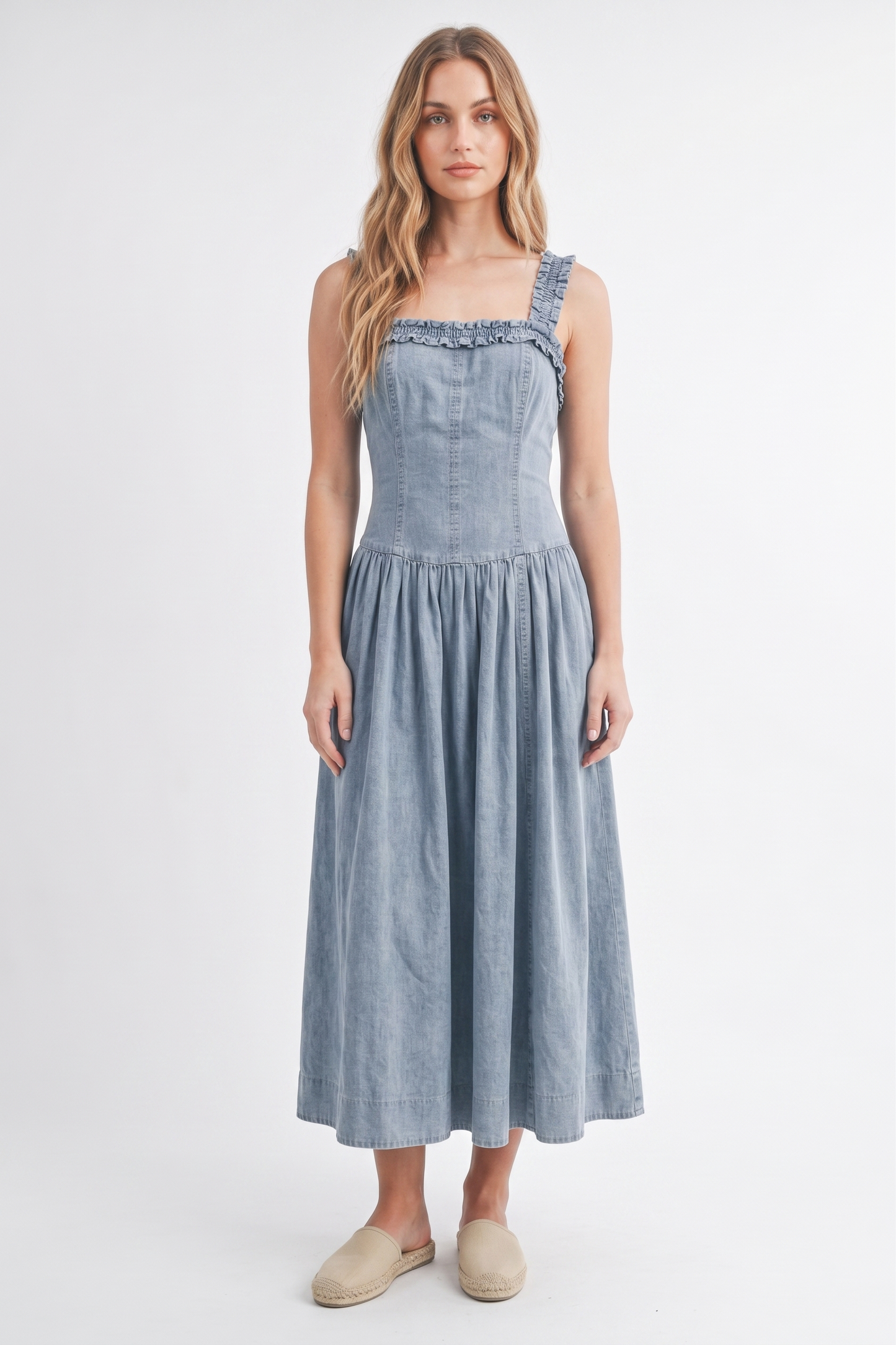 The Amelia Clementine Ruffle-Strap Denim Midi Dress