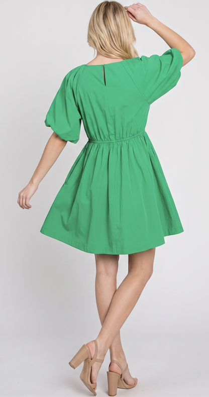 The Palermo Puff-Sleeve Drawstring Mini Dress in Kelly Green
