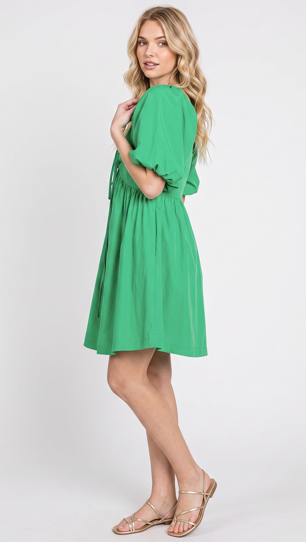 The Palermo Puff-Sleeve Drawstring Mini Dress in Kelly Green