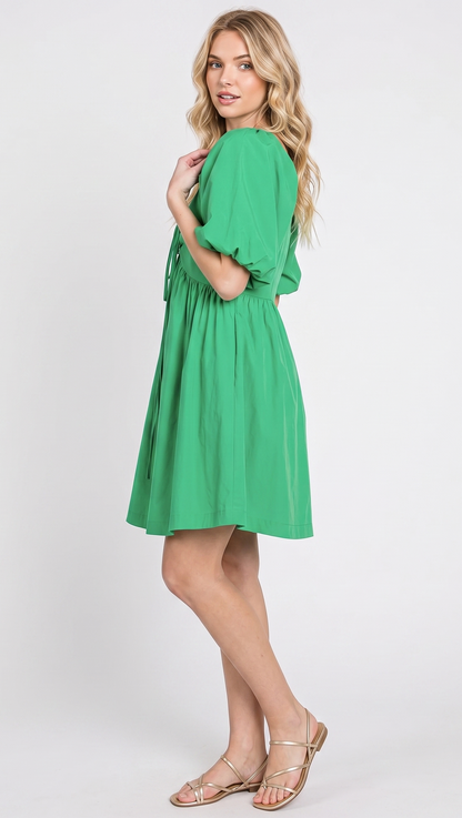 The Palermo Puff-Sleeve Drawstring Mini Dress in Kelly Green