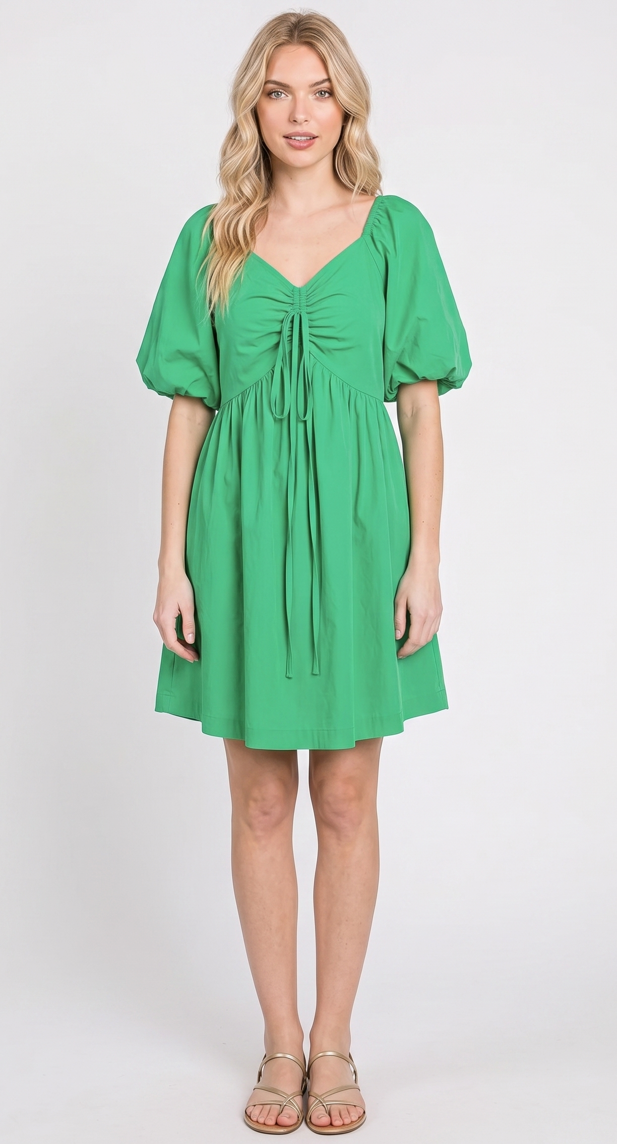 The Palermo Puff-Sleeve Drawstring Mini Dress in Kelly Green