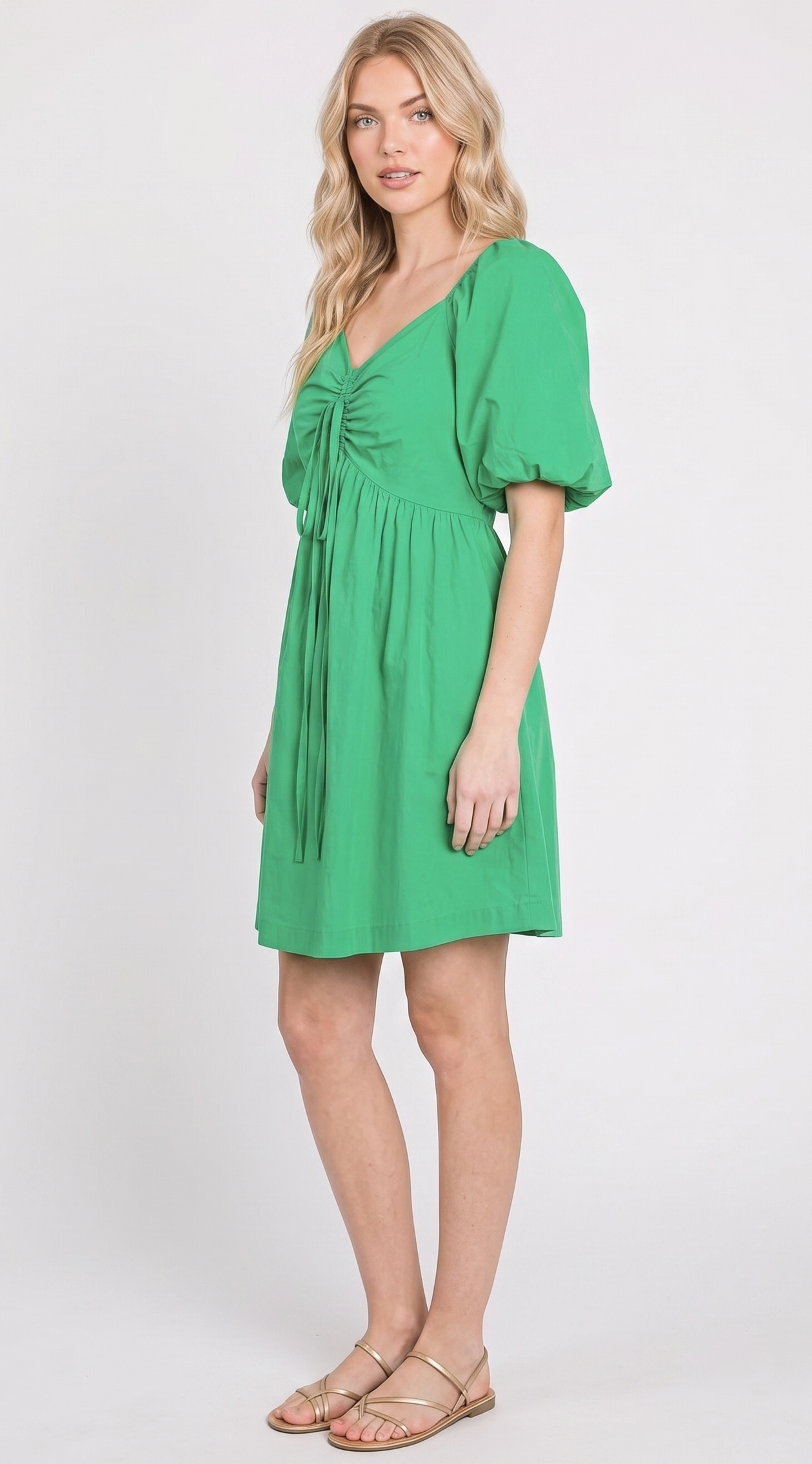 The Palermo Puff-Sleeve Drawstring Mini Dress in Kelly Green