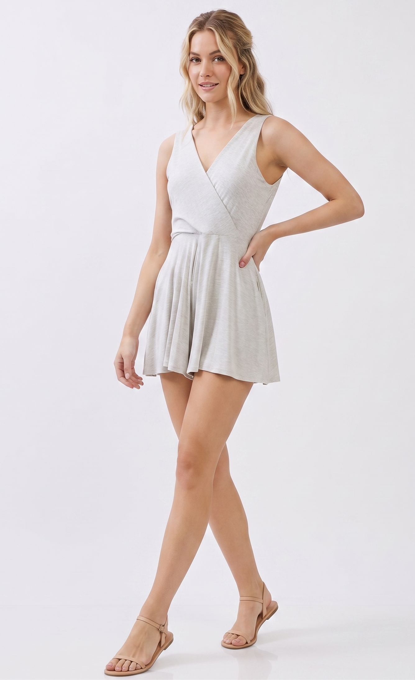 The Haven Modal Wrap-Front Skort Romper in Heather Oatmeal