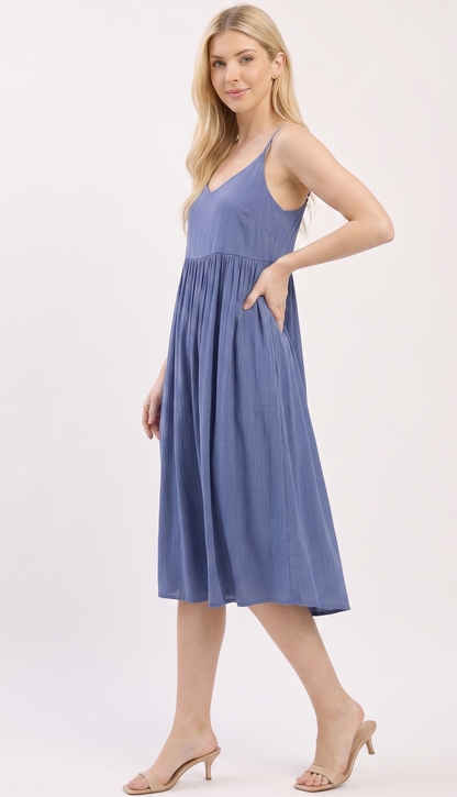The Isla Rayon Gauze Tiered Cami Midi Dress in Slate Blue