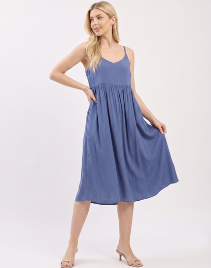The Isla Rayon Gauze Tiered Cami Midi Dress in Slate Blue