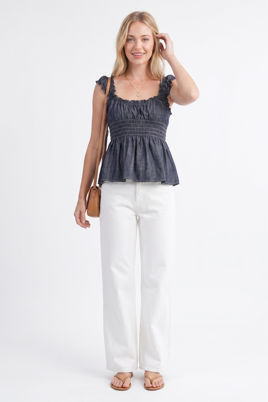 The Jolene  Smocked Ruffle-Strap Denim Top (Copy)