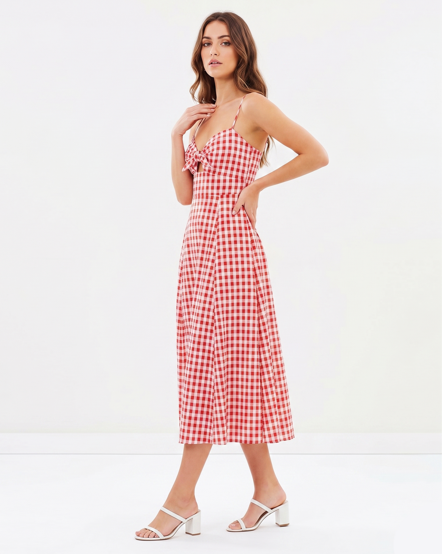Clara Gingham Cutout Midi Dress in Red & White