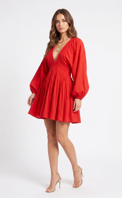 The Valentina Plunge Balloon-Sleeve Skater Mini Dress