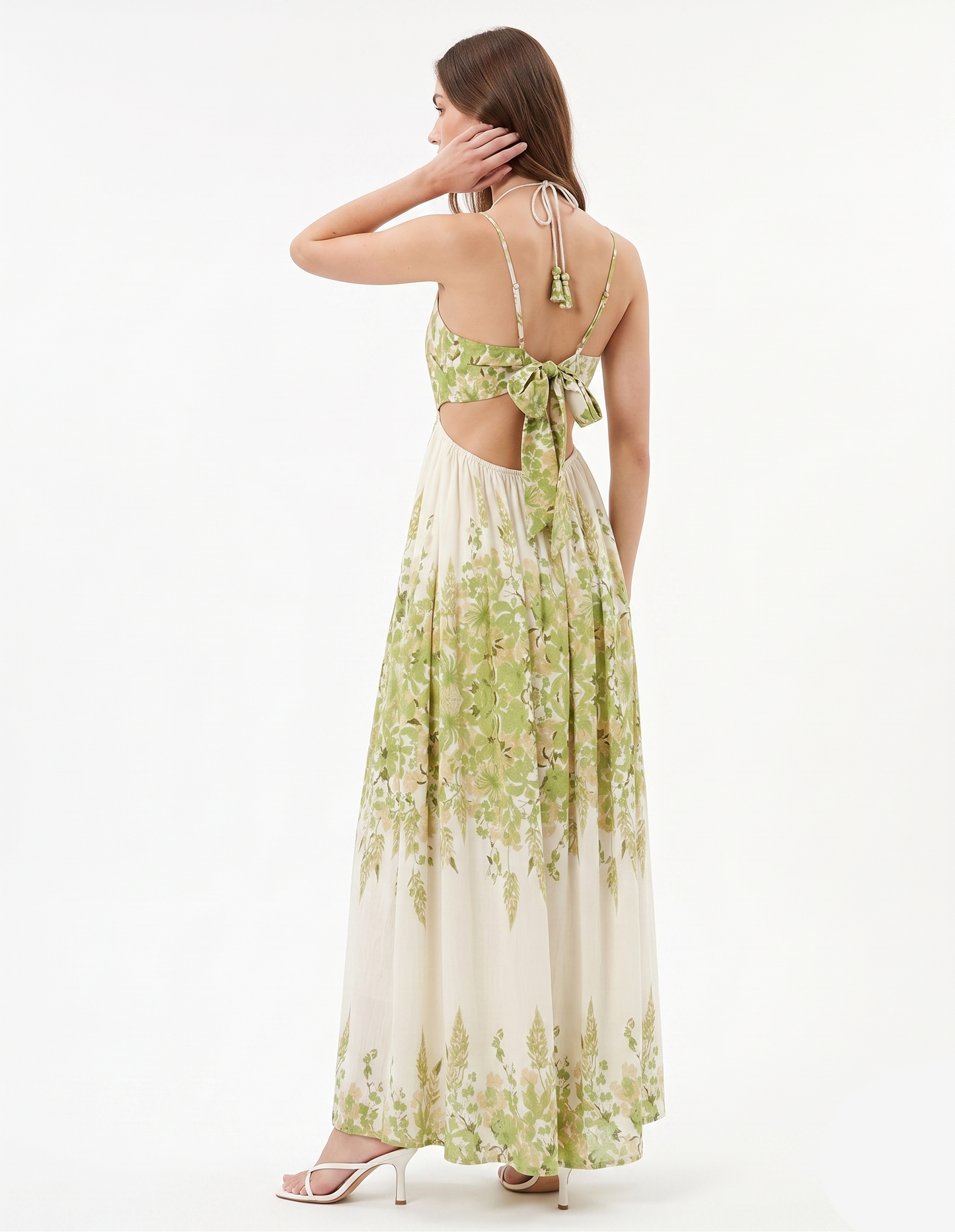 Flora Cutout Halter Maxi Dress in Sage & Cream