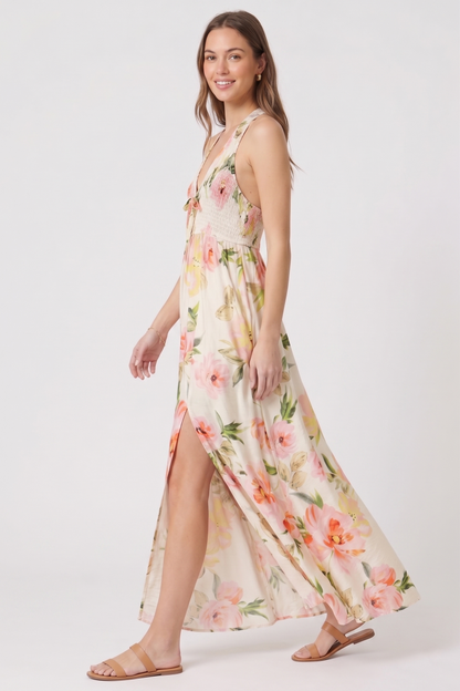 The Flora Smocked Halter Maxi with Side Slit