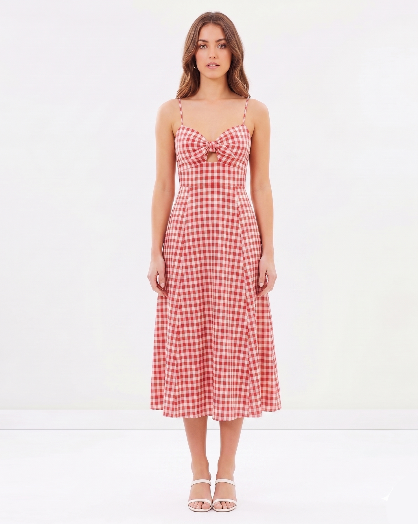 Clara Gingham Cutout Midi Dress in Red & White