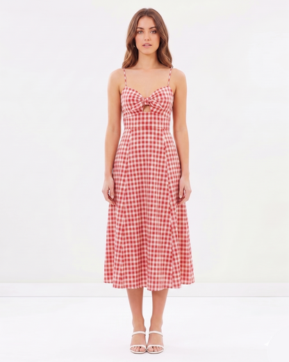 Clara Gingham Cutout Midi Dress in Red & White