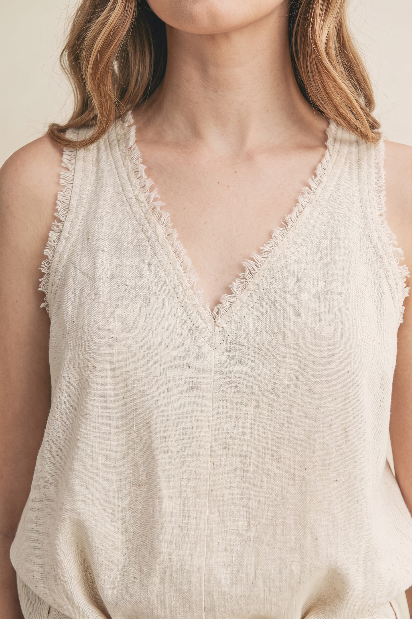 Eva Atlas Raw-Hem Linen V-Neck Tank Top