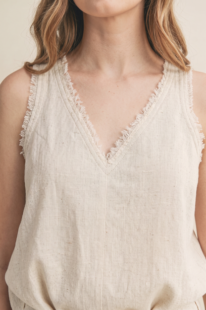 Eva Atlas Raw-Hem Linen V-Neck Tank Top