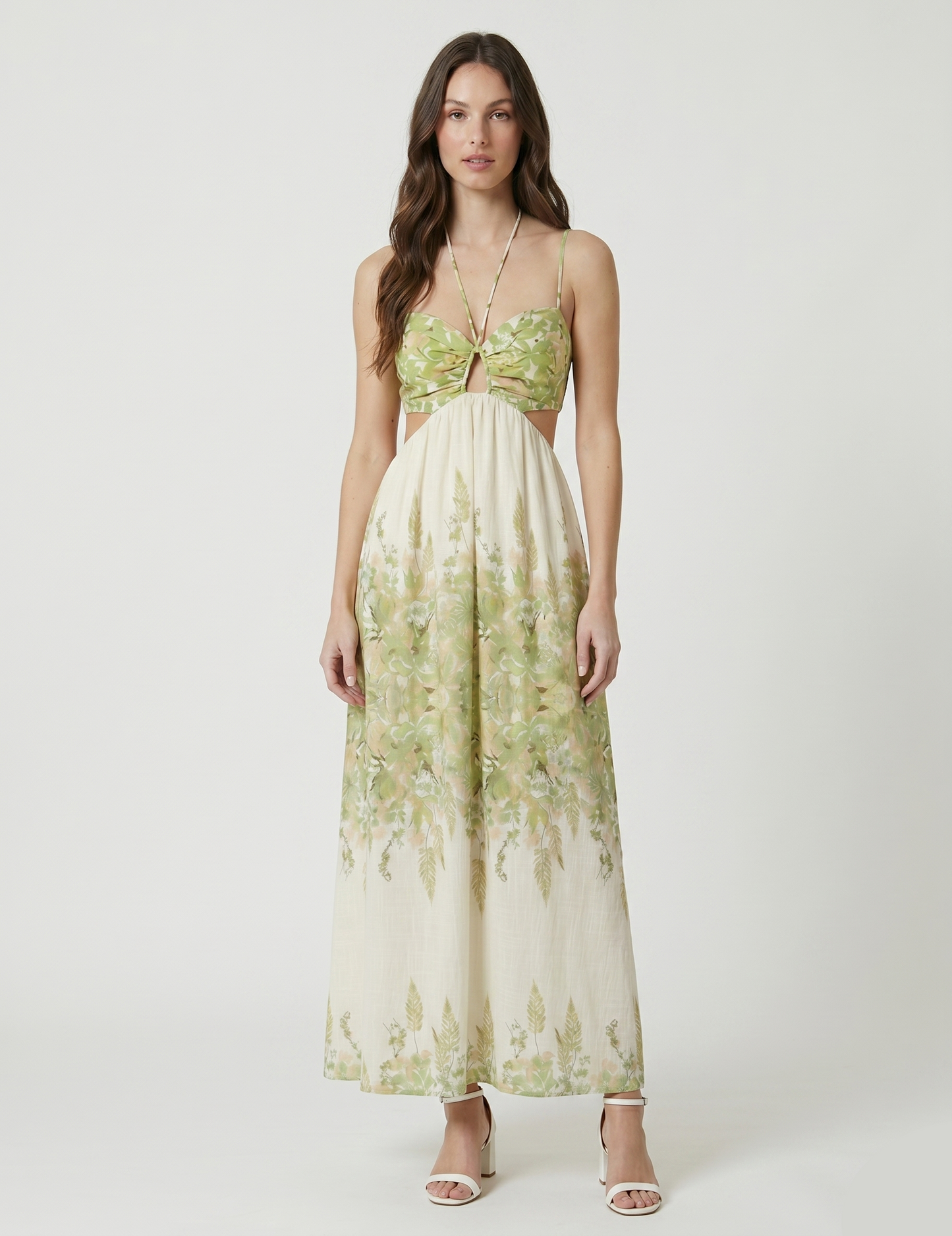 Flora Cutout Halter Maxi Dress in Sage & Cream