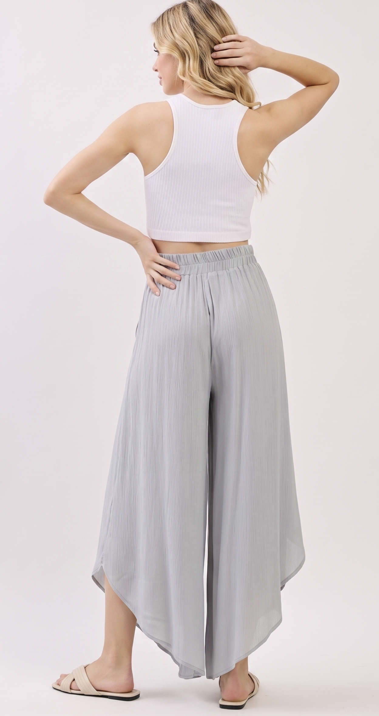 The Santorini Overlay Crinkle Palazzo Pants in Silver Grey