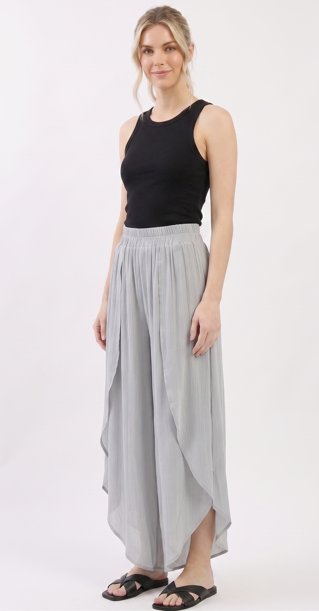 The Santorini Overlay Crinkle Palazzo Pants in Silver Grey