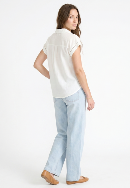 The Amalfi Ladder-Trim Linen Split-Neck Top