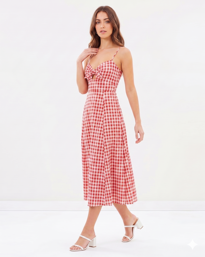 Clara Gingham Cutout Midi Dress in Red & White