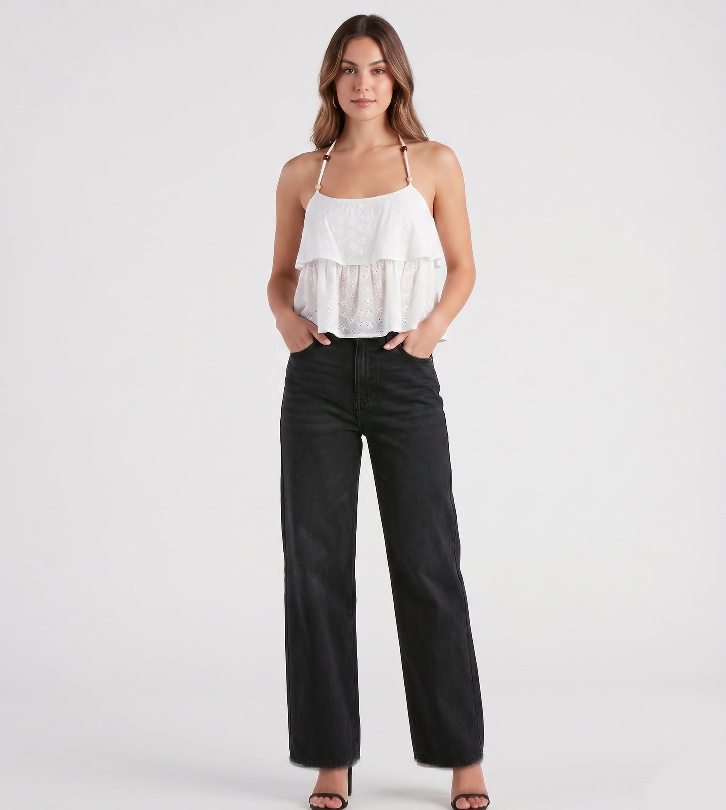 Layered Eyelet Halter Cami