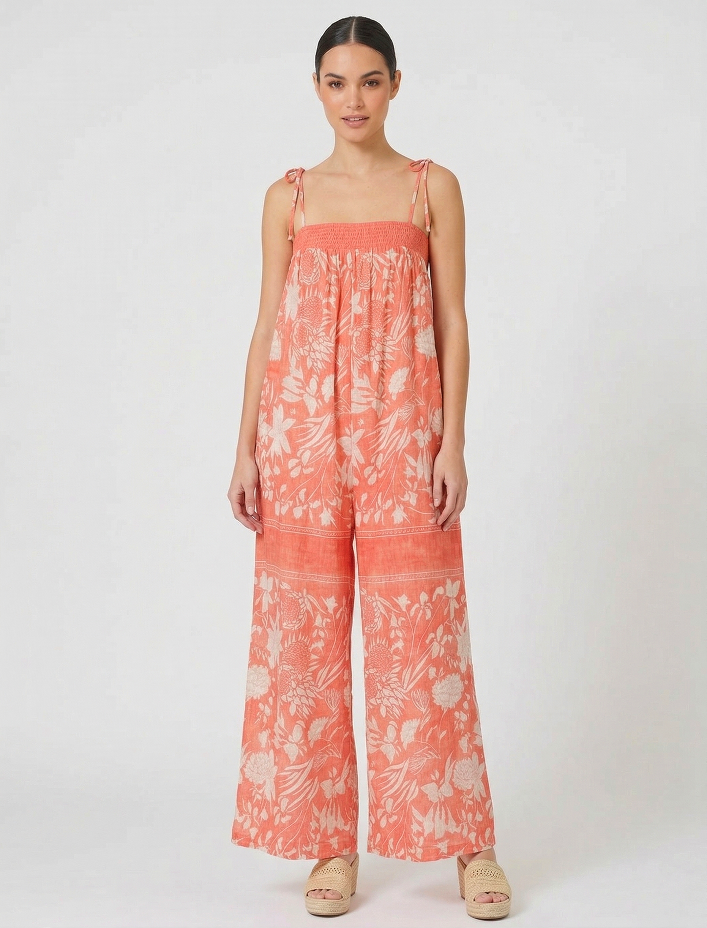 Hibiscus Coral Tie-Shoulder Jumpsuit