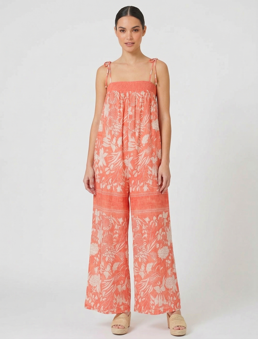 Hibiscus Coral Tie-Shoulder Jumpsuit