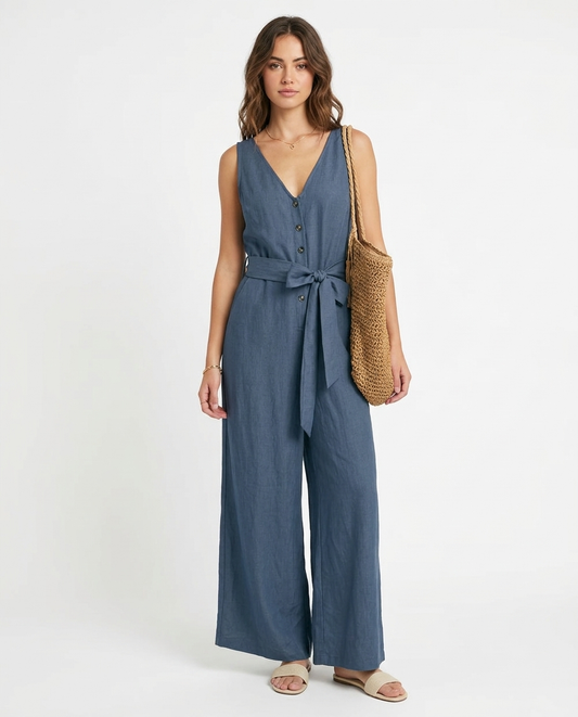 The Jackie Azure Linen-Blend Wide-Leg Jumpsuit