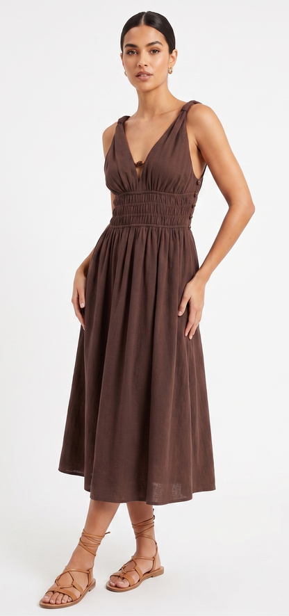 Beaded Side Cutout Smocked Midi Dress