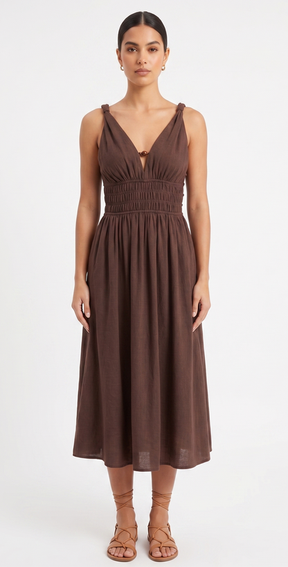 Beaded Side Cutout Smocked Midi Dress
