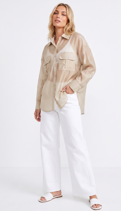 Sheer Organza Button-Up Utility Shirt