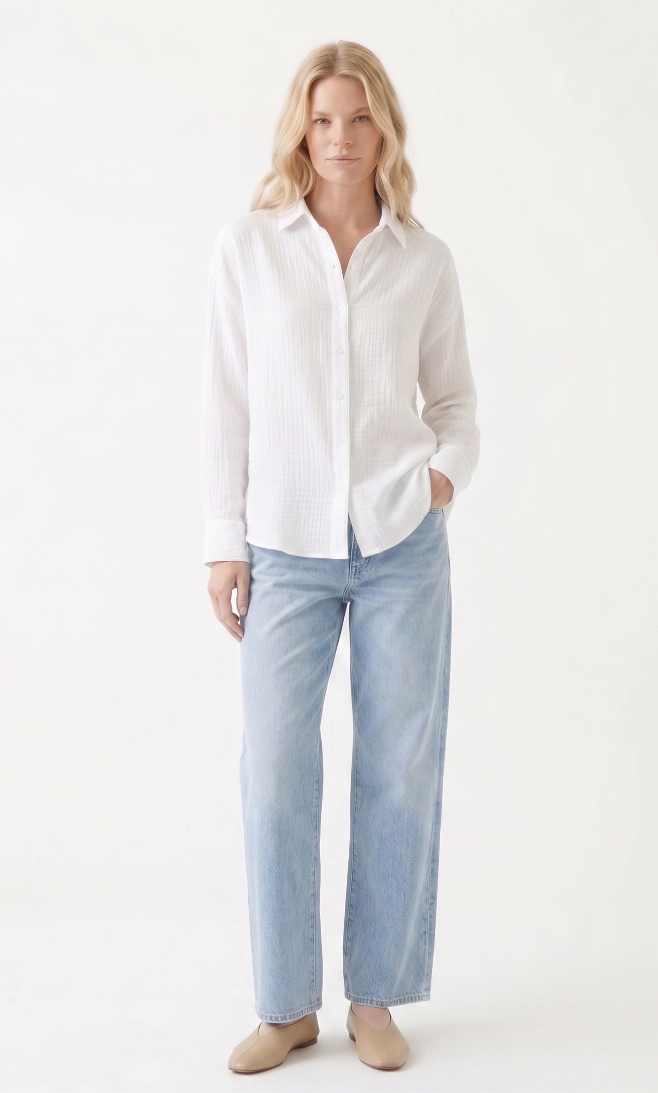 Oversized Crinkle Gauze Button-Up Shirt
