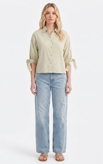 Striped Tie-Sleeve Button-Up Blouse