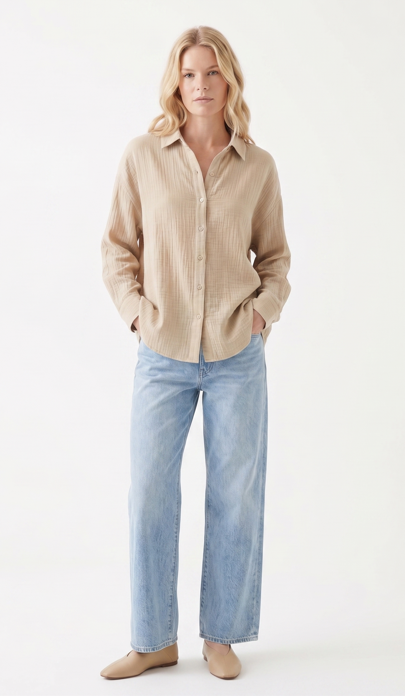 Oversized Crinkle Gauze Button-Up Shirt