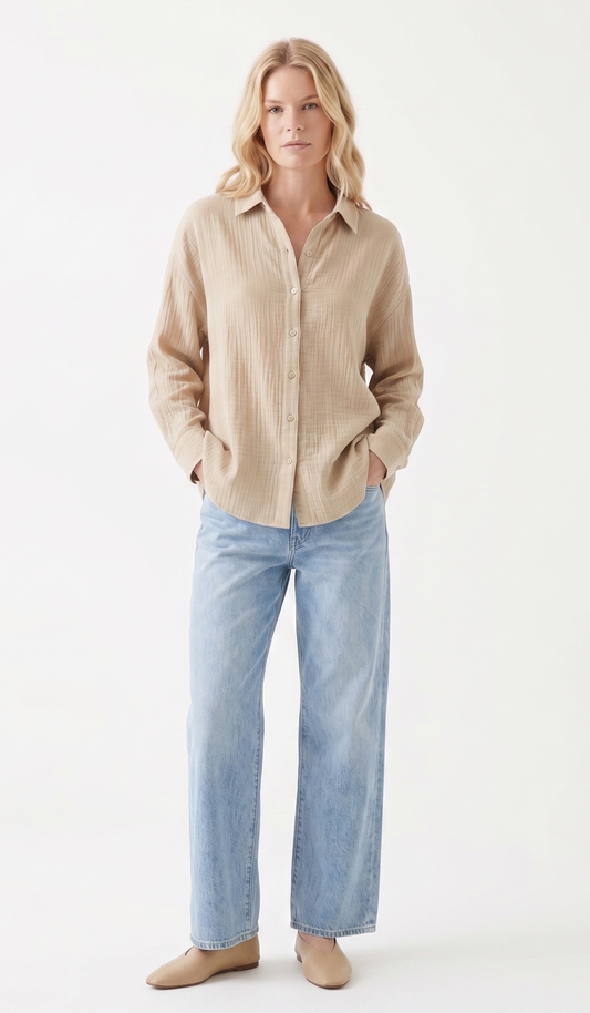 Oversized Crinkle Gauze Button-Up Shirt