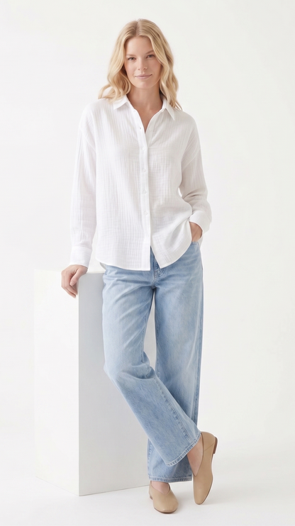 Oversized Crinkle Gauze Button-Up Shirt