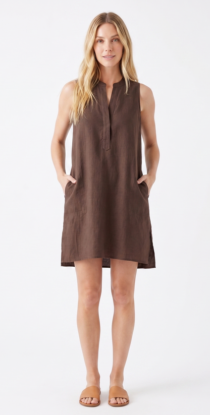 Linen-Blend Mandarin Collar Shift Dress