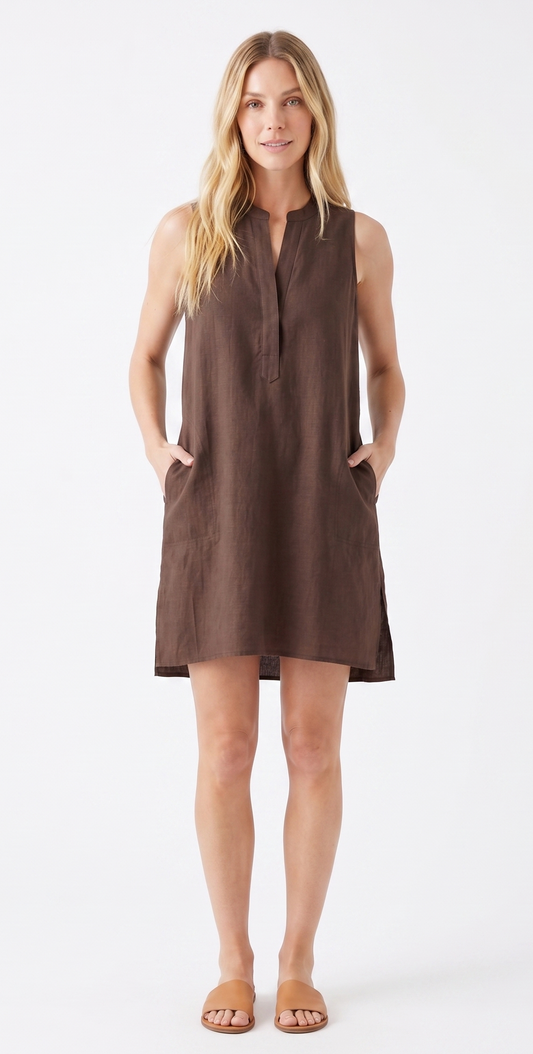 Linen-Blend Mandarin Collar Shift Dress