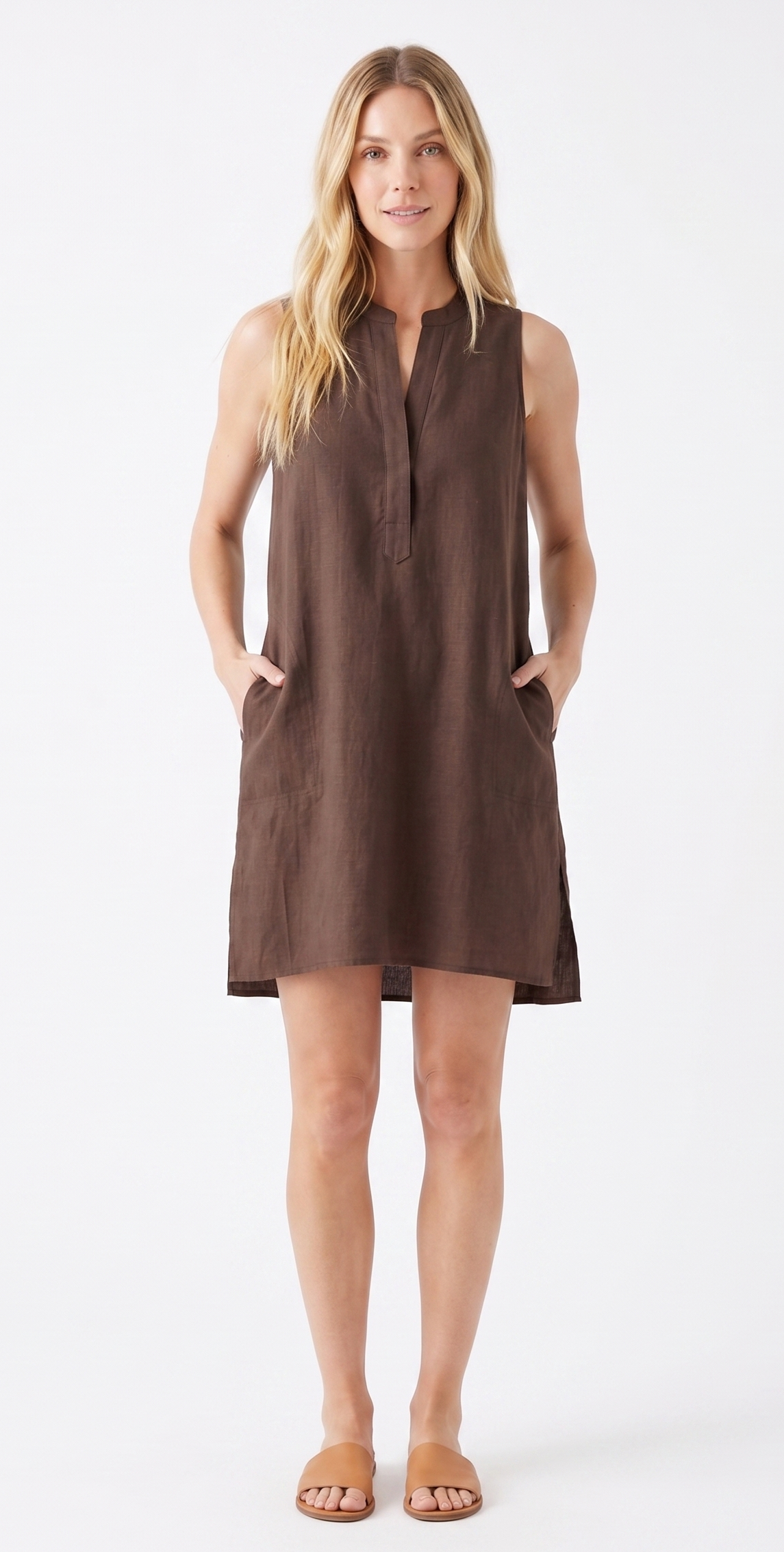 Linen-Blend Mandarin Collar Shift Dress