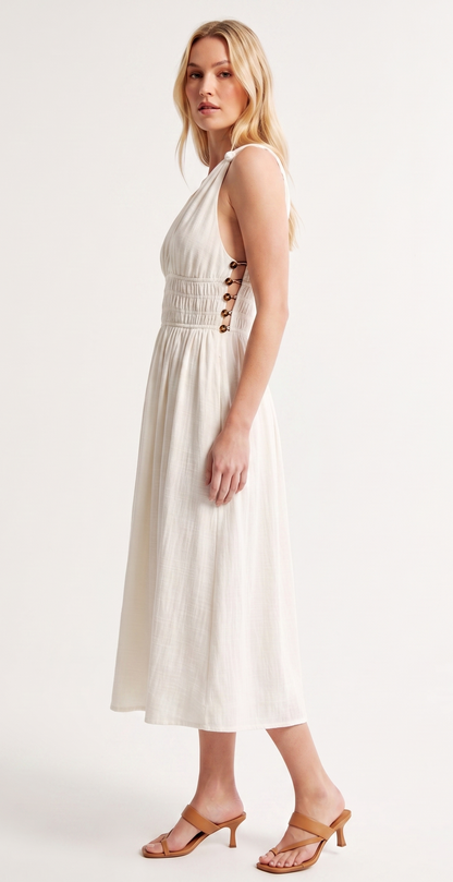 Beaded Side Cutout Smocked Midi Dress