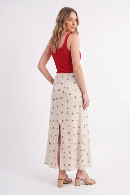 Floral Print Drawstring Back-Slit Maxi Skirt