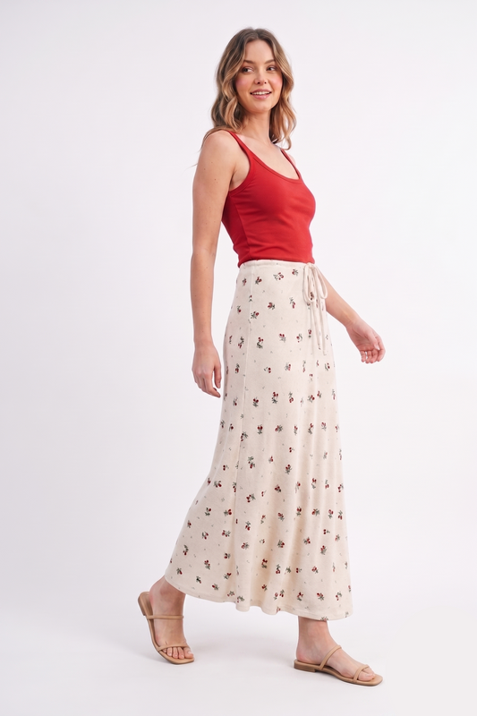 Floral Print Drawstring Back-Slit Maxi Skirt