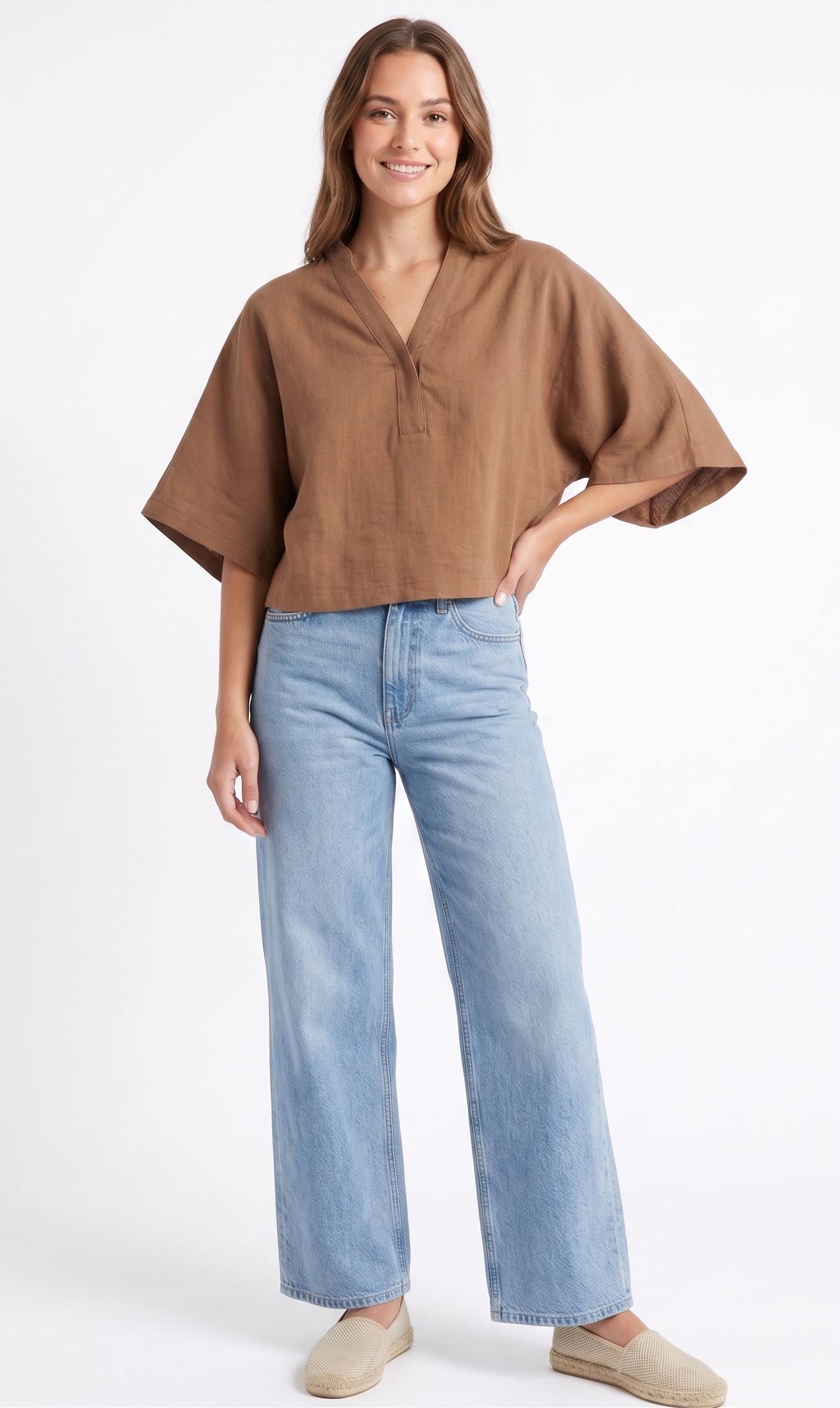 Linen-Blend V-Neck Dolman Sleeve Top