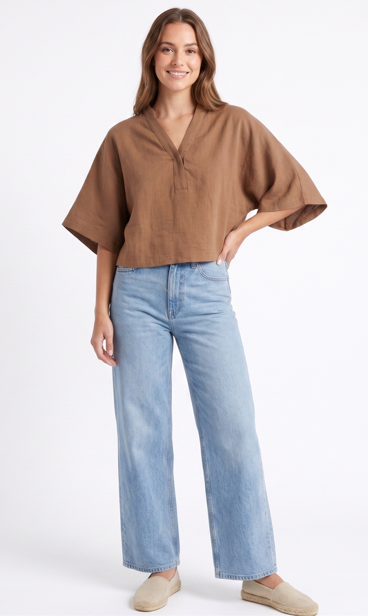 Linen-Blend V-Neck Dolman Sleeve Top