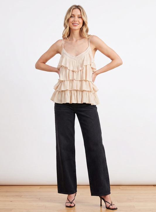 Tiered Ruffle Lace-Trim Cami Top