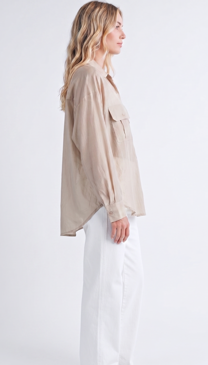 Sheer Organza Button-Up Utility Shirt