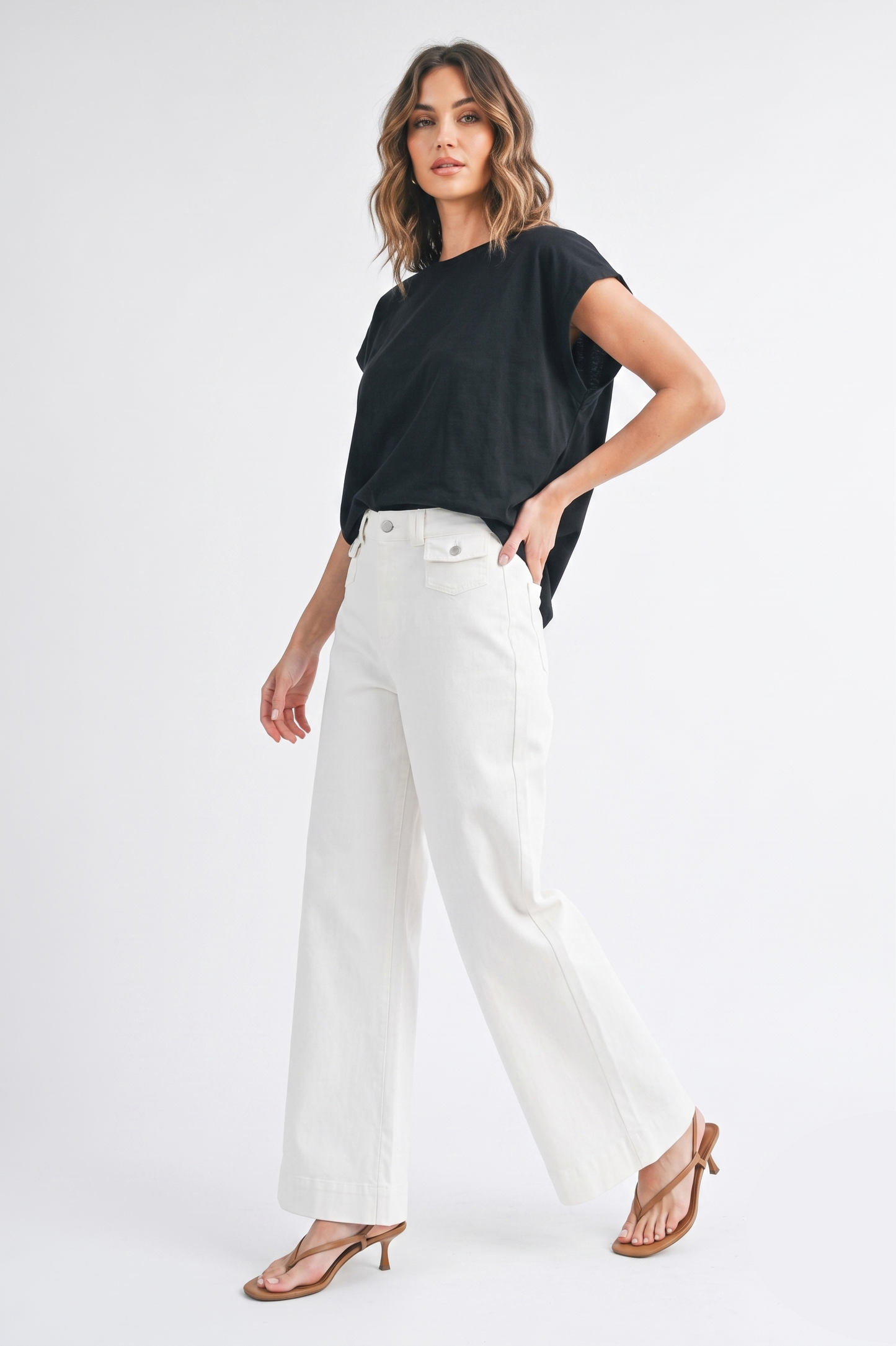 High-Waisted White Wide-Leg Denim Pants