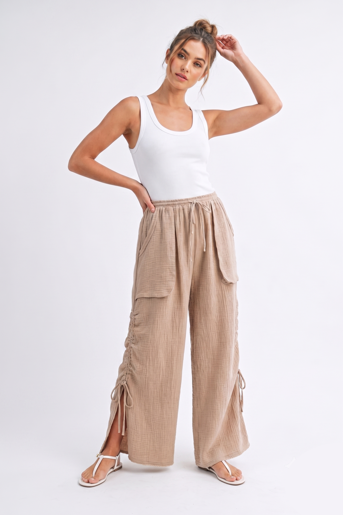 Gauze Ruched Side Wide-Leg Pants