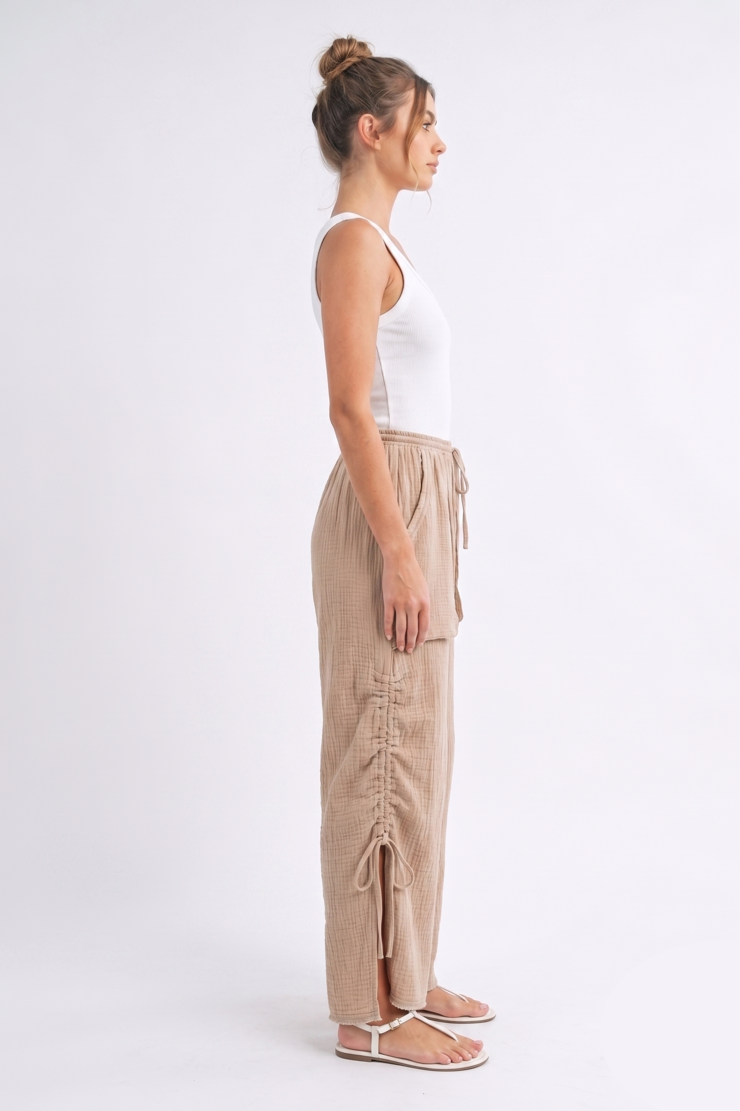 Gauze Ruched Side Wide-Leg Pants