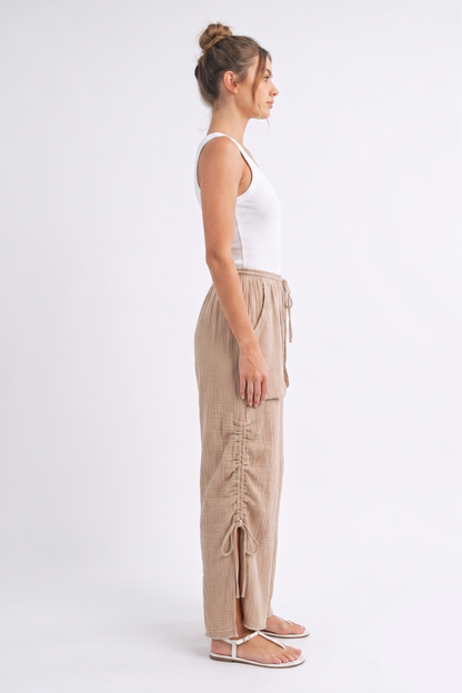 Gauze Ruched Side Wide-Leg Pants