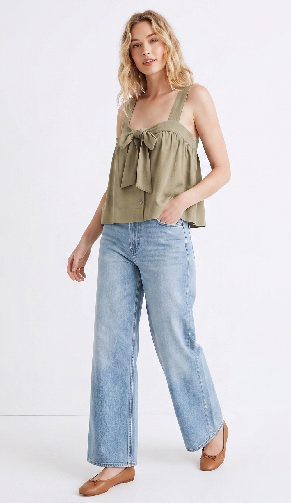 Linen-Blend Tie-Front Button-Up Cami Top